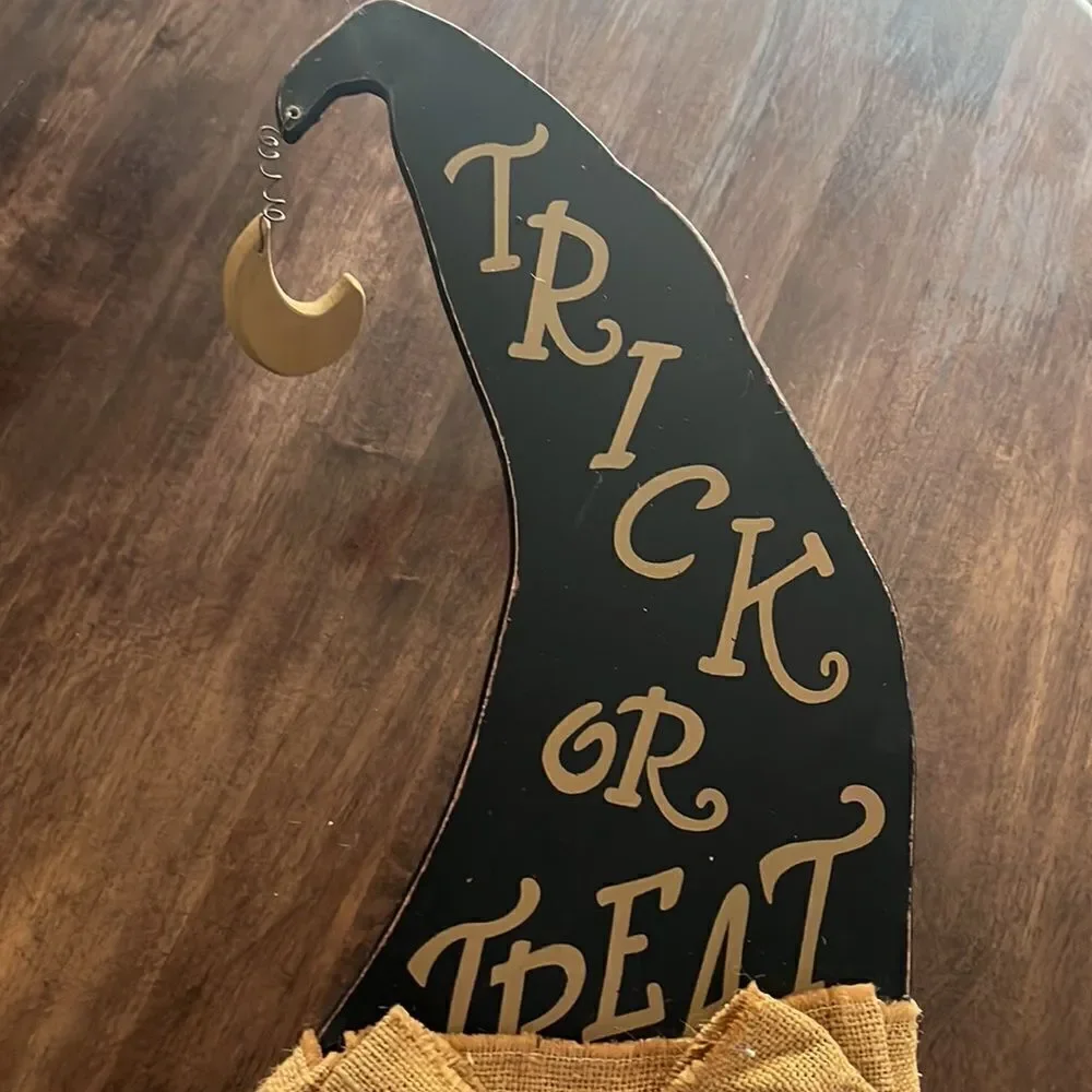Halloween Farmhouse Black Wood Witch Hat Hanging “Trick or Treat” Decor-21”by17”
